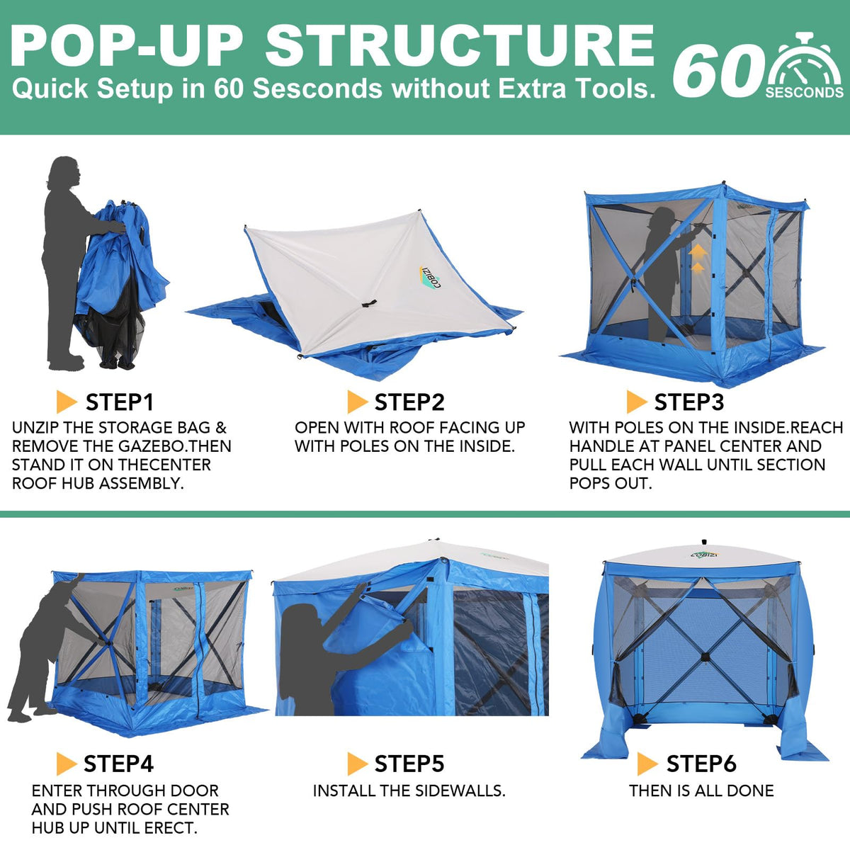 COBIZI 6x6 FT Pop up Gazebo, Popup Canopy Tent, Screened in Gazebos with sidewalls, Waterproof Portable Outdoor Small Screen Tents Sun Shelter,carpas para Patio for Camping, Garden and Backyard,Blue