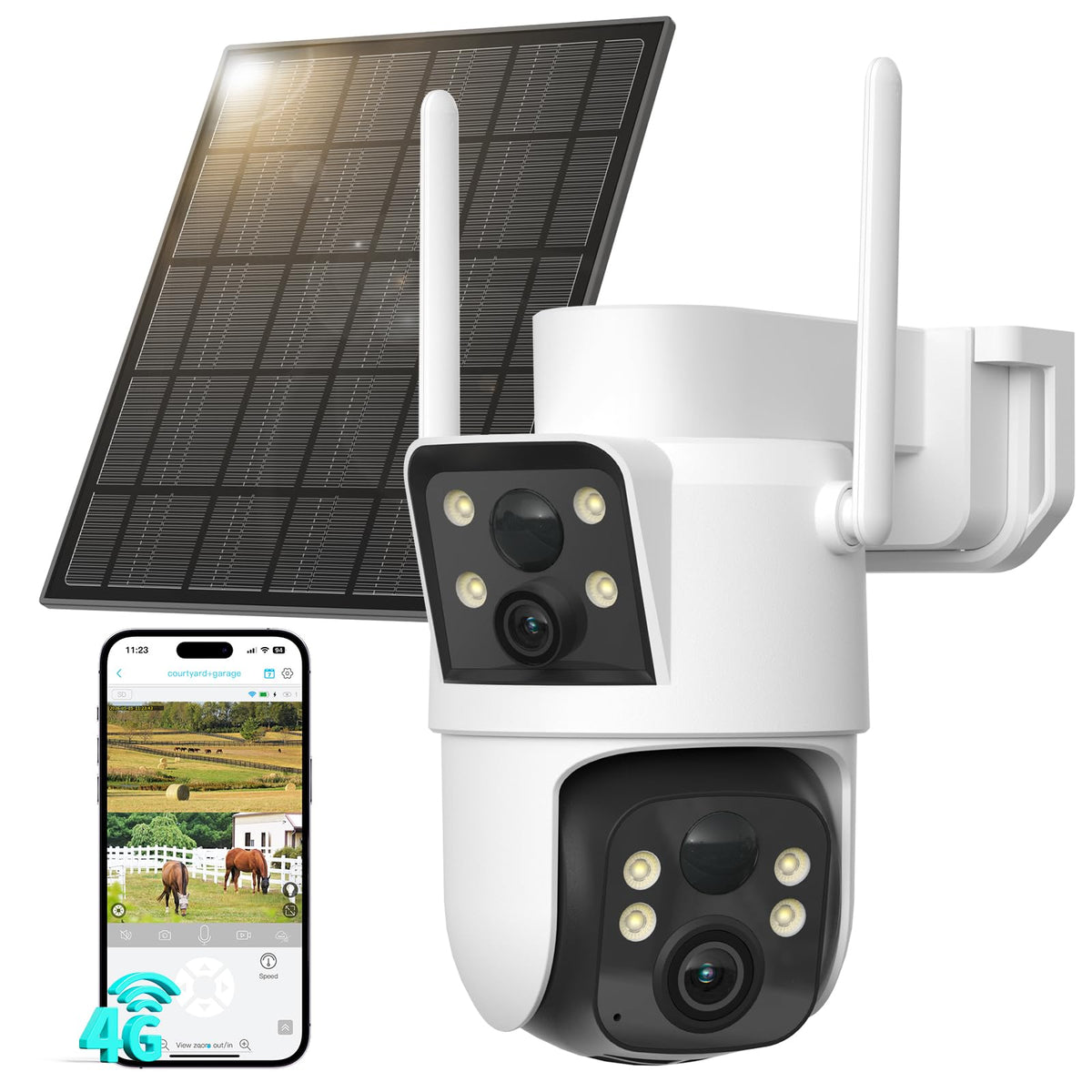 LIWAN 4G LTE Cellular Security Camera Wireless Outdoor, No WiFi Dual Lens, 360° PTZ & Fixed Dual Lens, 2K Color Night Vision, PIR Human Detection, IP66 Weatherproof, 2-Way Audio, Built-in SIM Card
