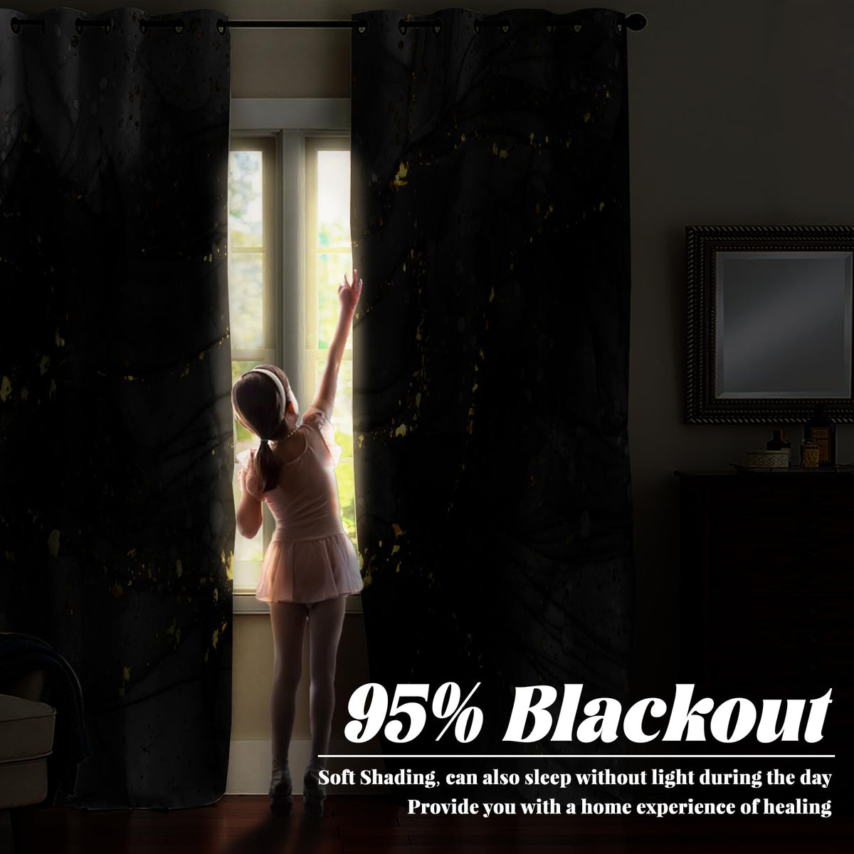 Renaiss Black & Gold Marble Blackout Curtains, Modern Art Gray Ombre Luxury Golden Decorative Window Curtains, Aesthetic Grommet Window Drapes for Bedroom Living Room Set of 2 Panels 42Wx63L inches
