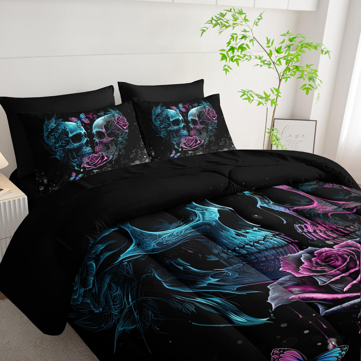 Tuzaovy Black Skull Comforter Set 7 Piece Queen Size Bed in A Bag,Goth Bedding for Room Decor,Soft Western Comforter Boho Hippie Bedding with Fitted Sheet,Flat Sheet, Pillowcases & Shams