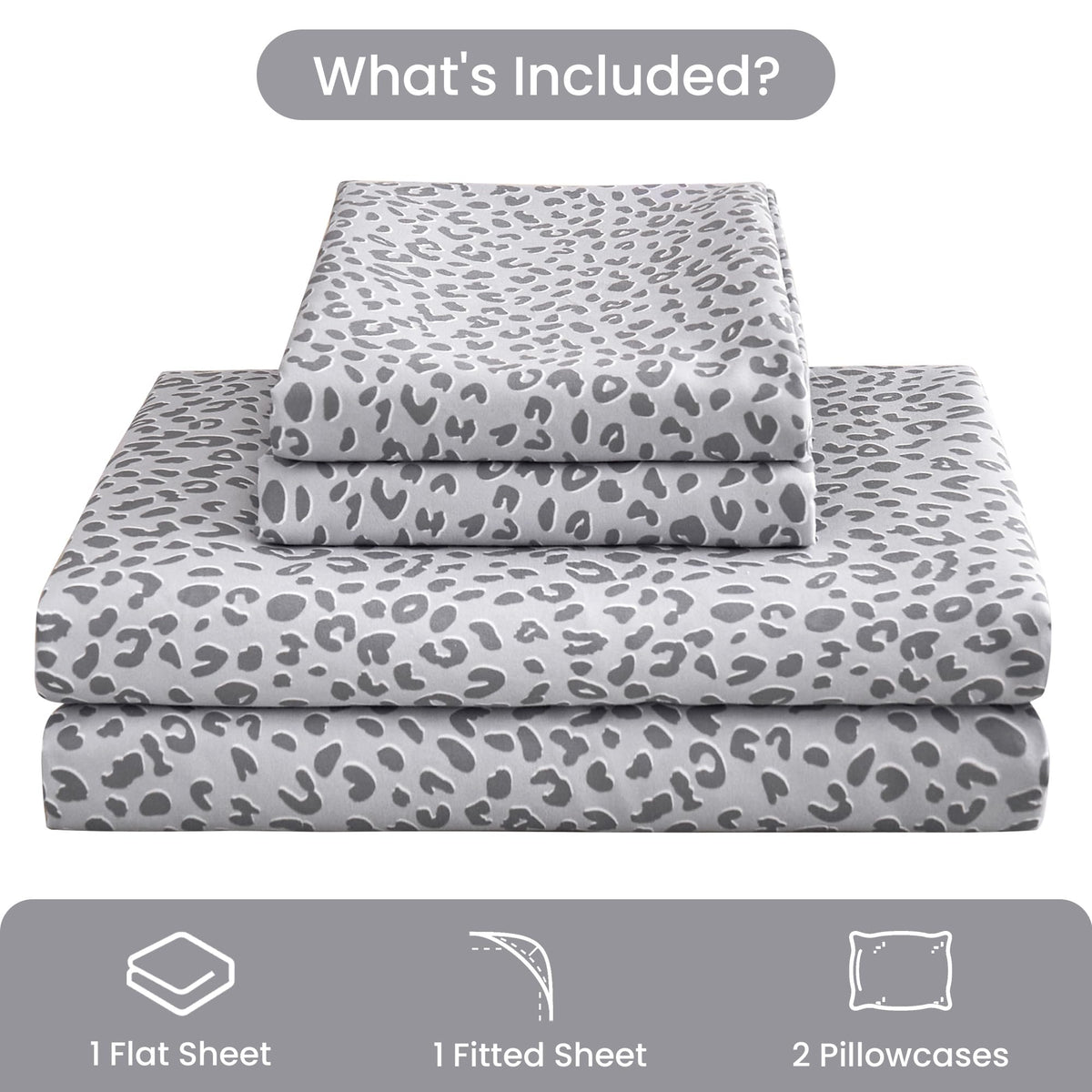 Mooreeke Leopard Cheetah Printed Full Bed Sheets, Soft Microfiber Bedding Sheets & Pillowcases, Deep Pocket Non-Slip Fitted Full Sheet, Silver Grey Animal Pattern Bedsheets