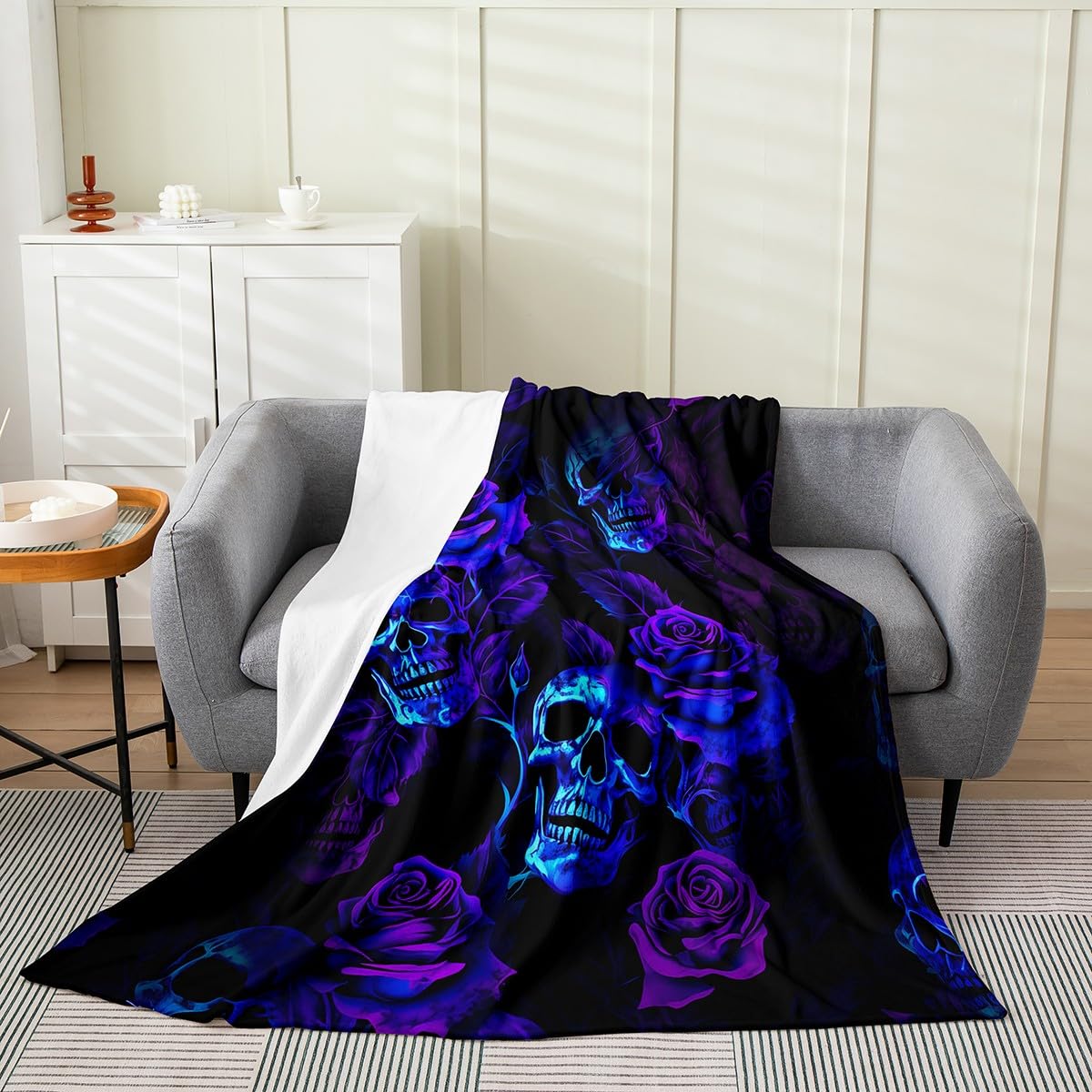 Feelyou Sugar Skull Fuzzy Blanket Queen 90"x90" Purple Blue Rose for Sofa Couch Teens Toddler Flannel Fleece Throw Blanket Gothic Skull All Season Bed Blanket Scary Plush Blanket