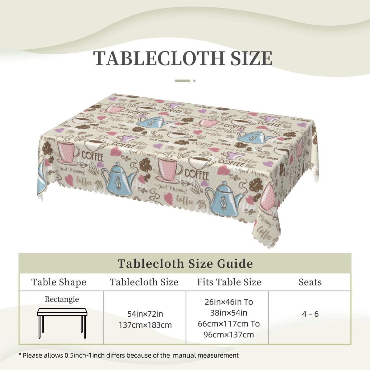 LALIMEYA Coffee Print Tablecloth Beans Polka Dot Rectangle Table Cloth Colorful Tea Cup Heart Doodles Themed Washable Table Cover with Wavy Edging Suitable for Party Dinner 54×72 Inch