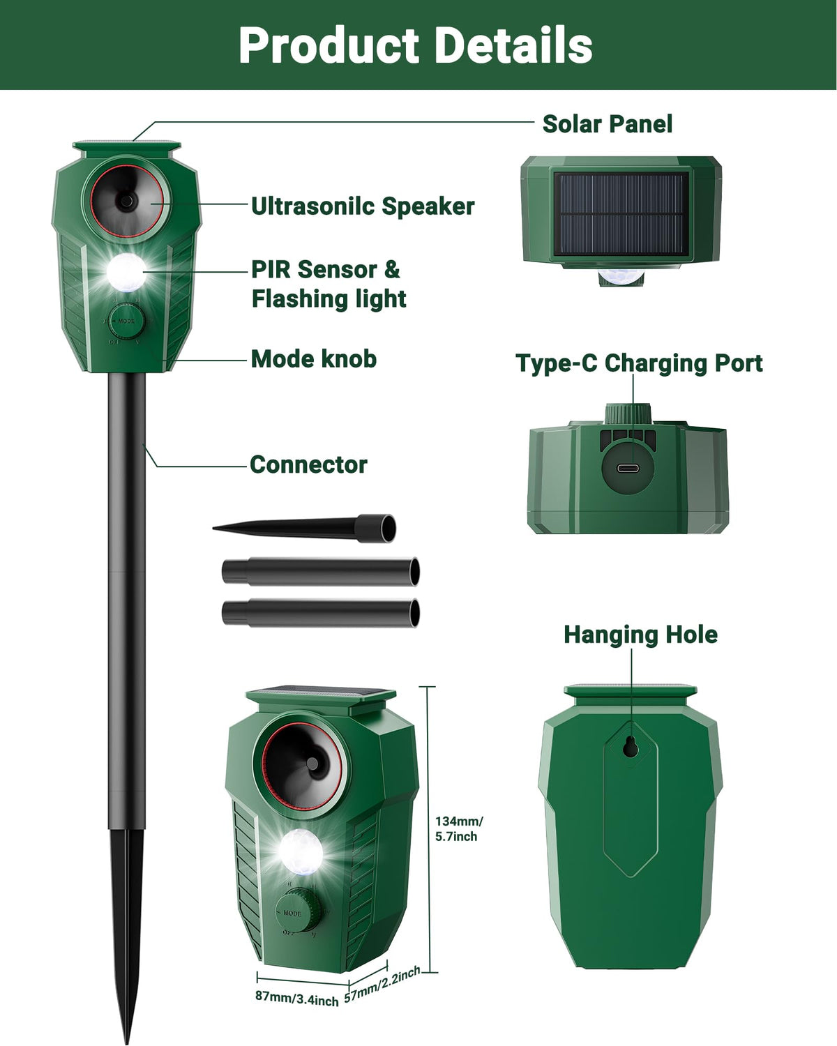 X-octenol Solar Ultrasonic Animal Repellent Outdoor - Deer Repellent Devices with Motion Sensor & Flashing Lights, Waterproof Deterrent for Yard Garden to Repel Cats, Squirrels, Raccoons