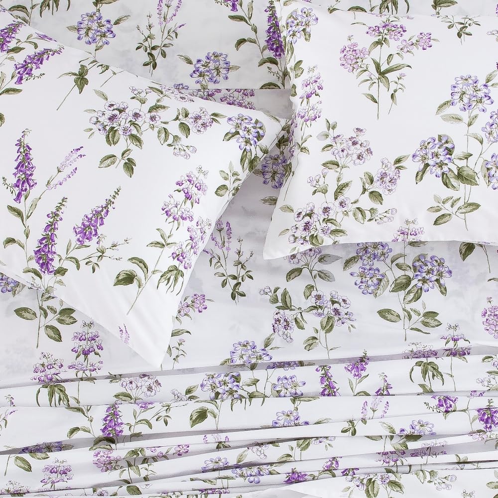 DAUAOTO Twin Size 100% Cotton Sheets Set, Printed Bedding, Up to 14" Deep Mattress, Velvet Purple Floral Pattern Bedlinen, Provence Lavender