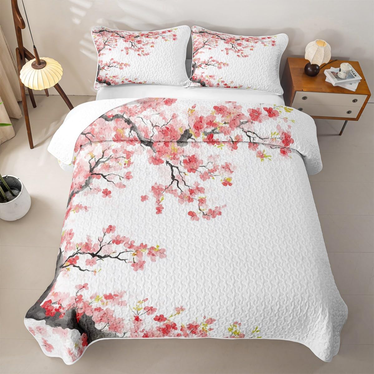 Erosebridal Cherry Blossoms Quilt Japanese Style Quilt Set Queen Pink Flowers Bedding Coverlet Branches Plant Floral Bedspread