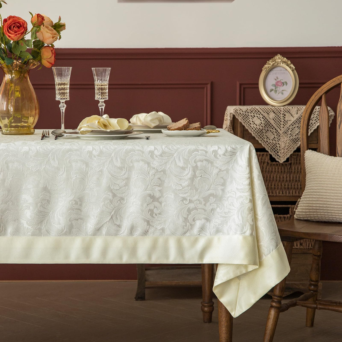 GLORY SEASON Emboss Style Textured Tablecloth Waterproof Solid Bordered Retro Tablecloths Classic Luxurious Washable Rectangle/Oblong Table Cloth,Kitchen Dinning Decor 60x84 Inch