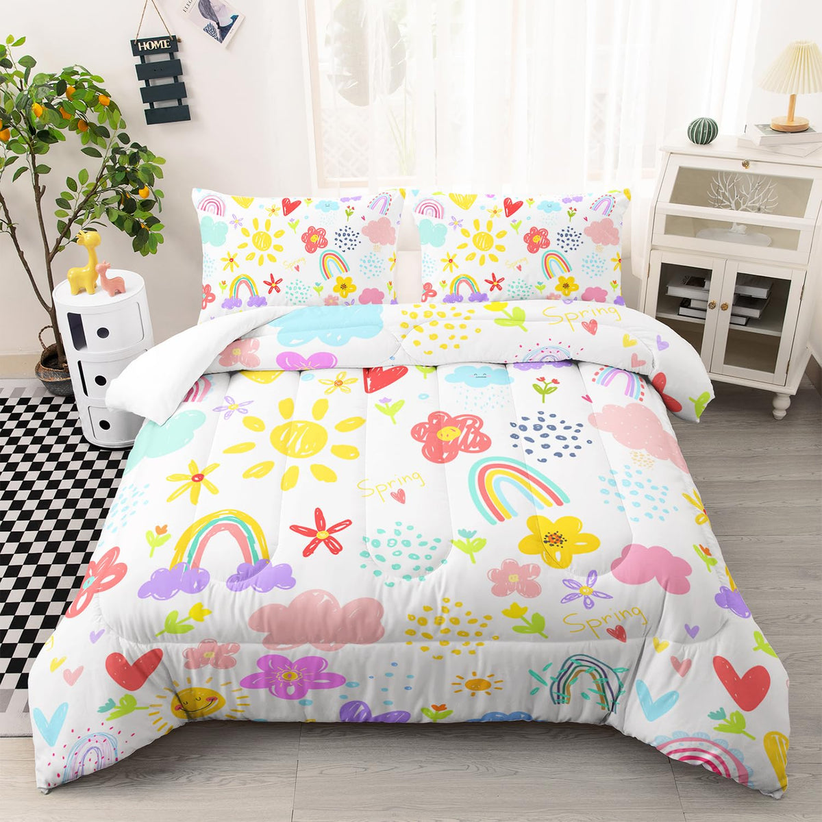 XYNHML Colorful Rainbow Comforter Graffiti Cute Sun Flowers Bedding 3Pcs Full Cartoon Hearts Cloud Pattern Quilt Set for Kids Teens Girls Boys Raindrop Bed Set with 1 Comforter and 2 Pillowcases