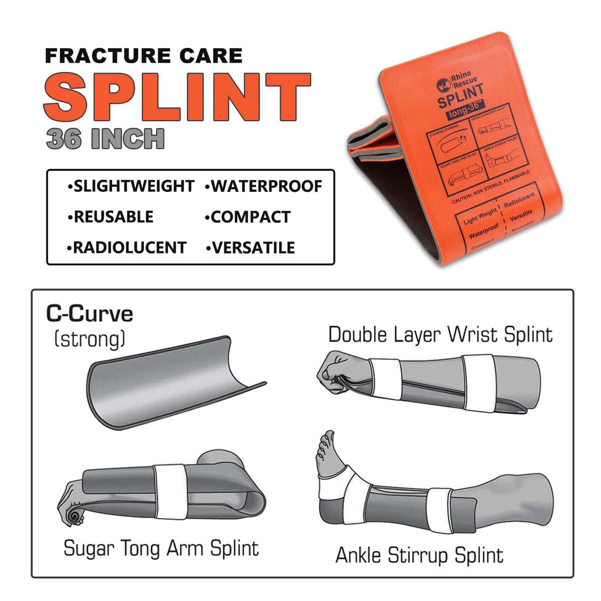 RHINO RESCUE Bundle-IFAK Trauma Kit with C-A-T Tourniquet for Wound Care+First Aid Splint 36" X 4.3" Orange-Gray, Keep Bones in Position