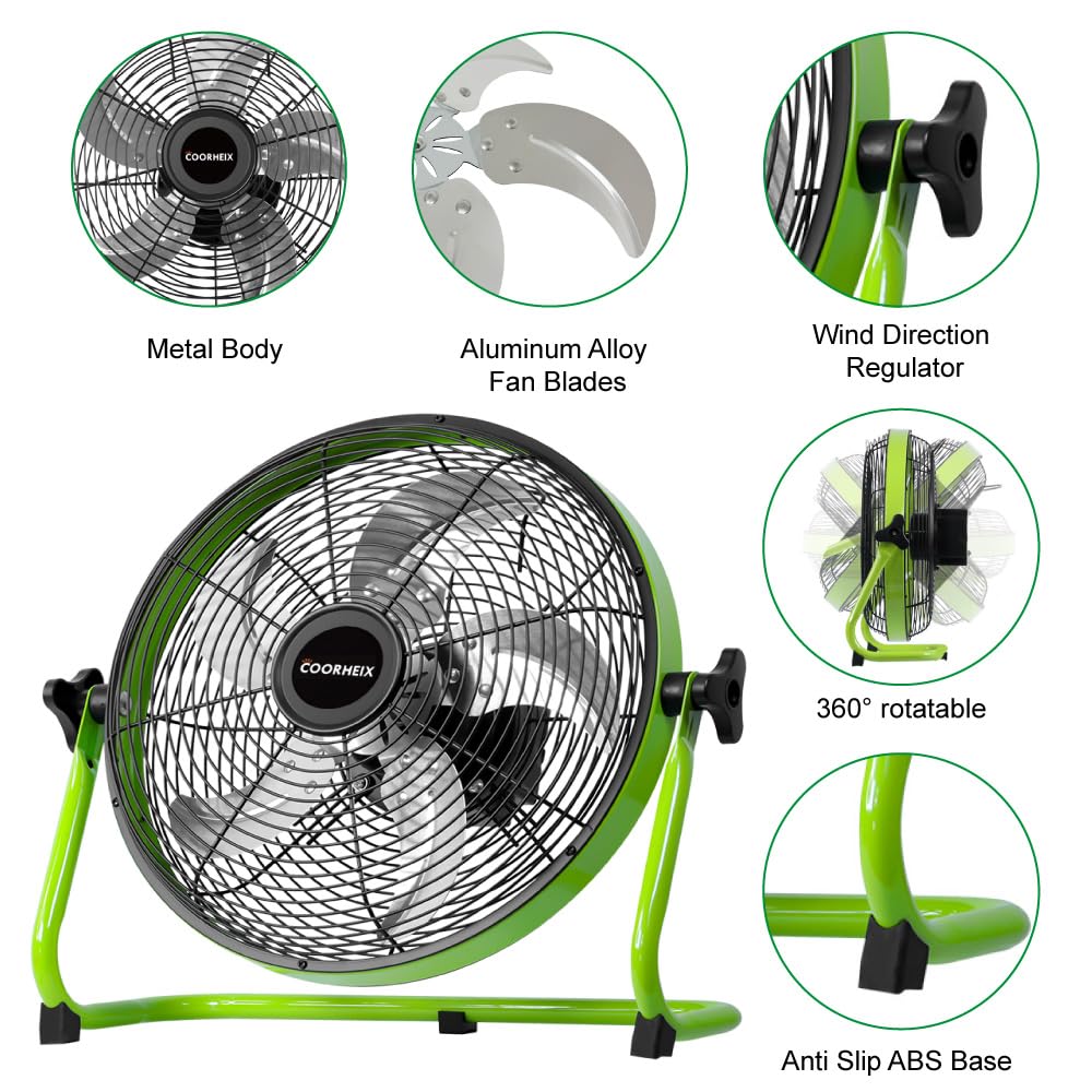 COORHEIX 12'' Solar Powered Floor Fan Rechargeable, 18000mAh Battery Operated Fan 5-Blade Portable Outdoor Fan 360° Tilt for Outside, Greenhouse, Camping, Shed