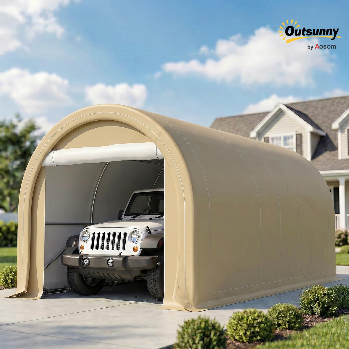 Outsunny 10' x 16' Carport, Heavy Duty Portable Garage Storage Tent with Large Zippered Door, Anti-UV PE Canopy Cover for Car, Truck, Boat, Motorcycle, Bike, Garden Tools, Outdoor Work, Beige