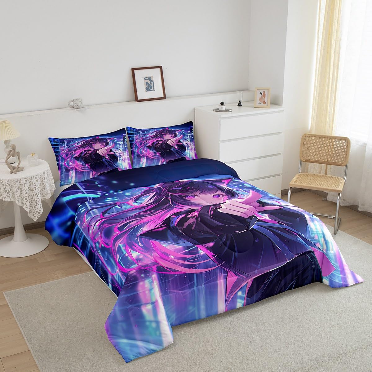 Erosebridal Kids Anime Girl Twin Size Comforter Set, Japanese Anime Bedding Set, Cartoon Girl Quilt for Boys Teens Bedroom Decor, Kawaii Japanese Animation Duvet Insert with 1 Pillow Case