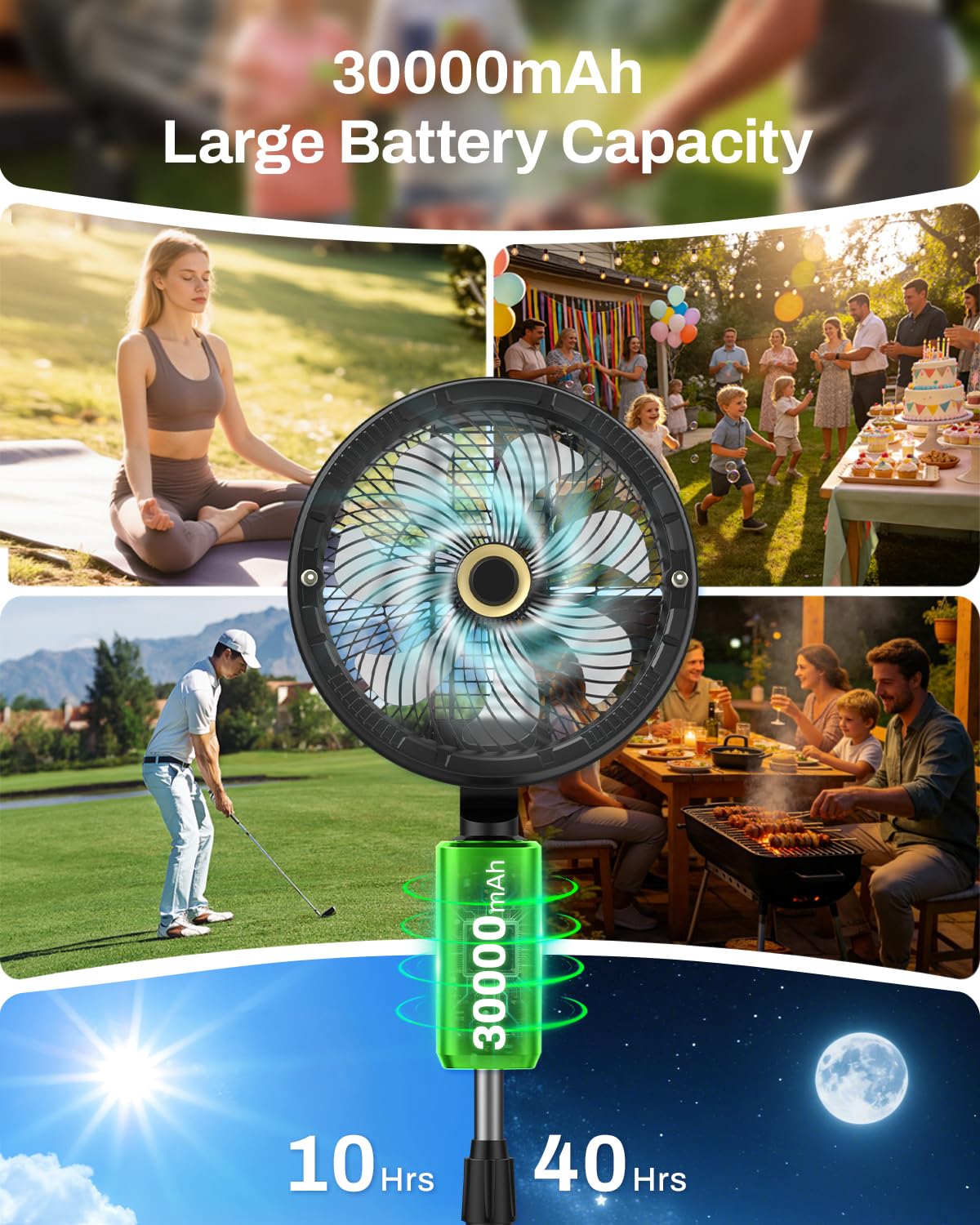 Outdoor Misting Fan with Water Pump, 30000mAh 12-Inch Outside Water Cooling Mister Fan for Patios Bedroom, Portable Standing Oscillating Fan with Mist System, Pedestal Fans with Remote/Spray/Timer