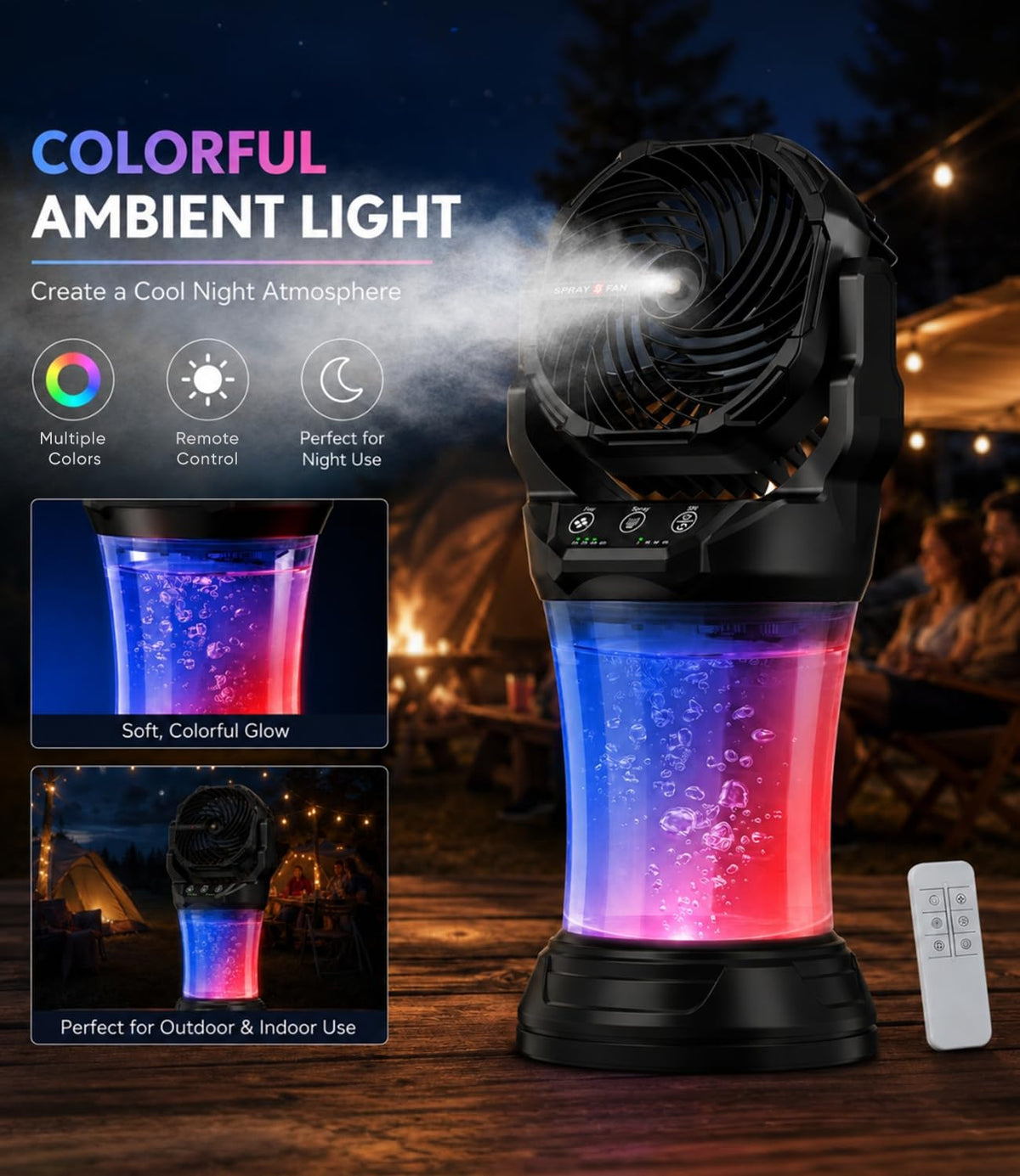 Misting Fan for Outside, 30,000mAh Rechargeable Mister Fan with Remote & RGB Lights, 2L Tank & 2 Extra Nozzles, 4 Speeds Mist Modes for Extreme Cooling Effect, Ideal for Camping, Patio, Backyard