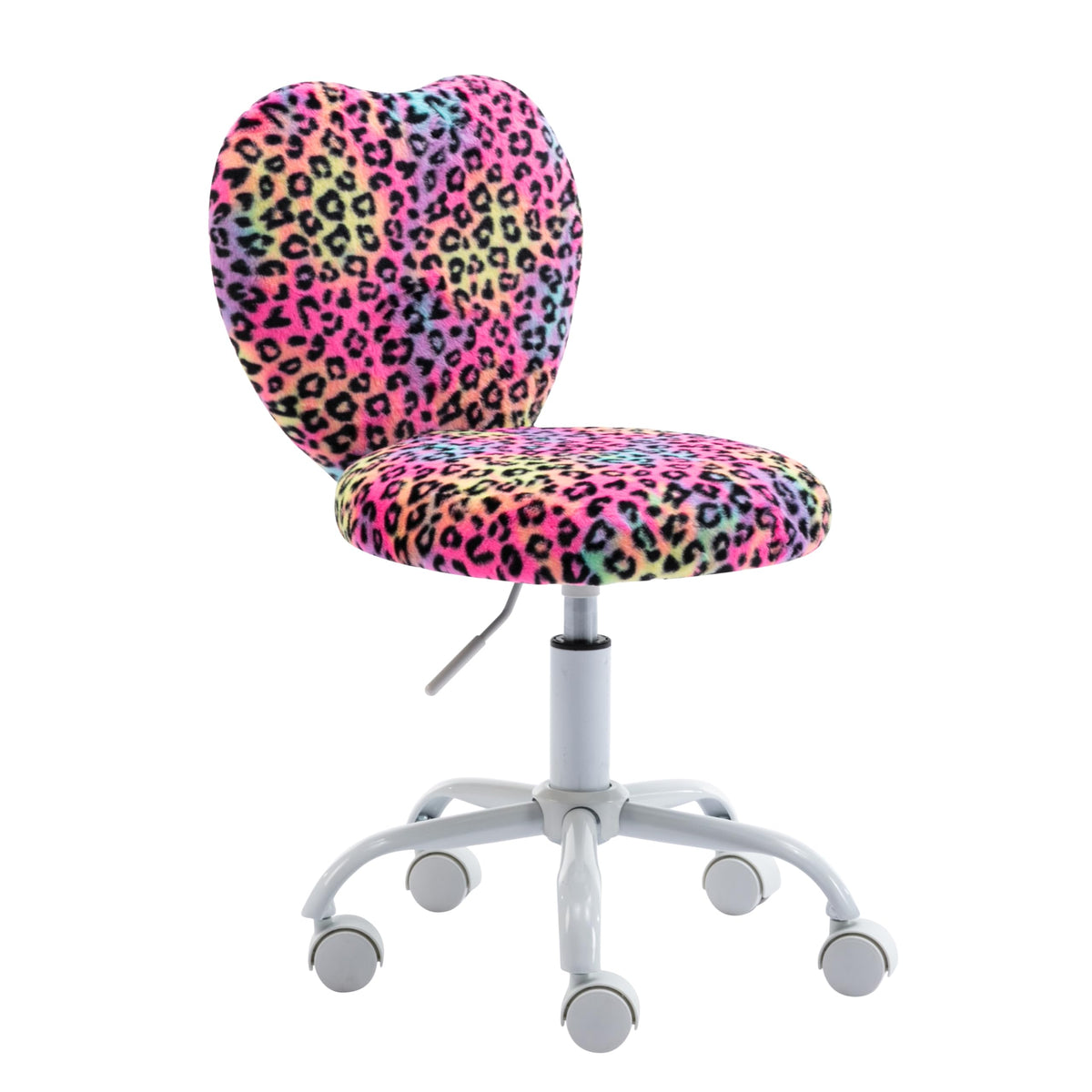 DM Furniture Cute Fuzzy Kids Chair Rolling Study Desk Chair Furry Studing Computer Task Chair Faux Fur Swivel Vanity Chair for Girls Boys Bedroom, Red Leopard
