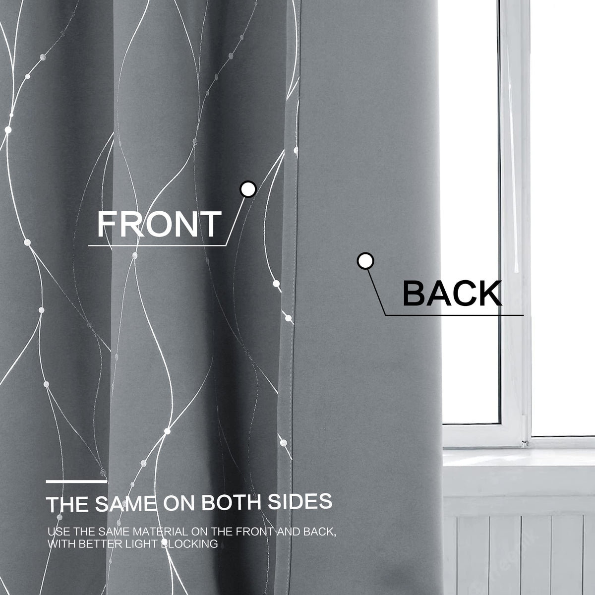 BUHUA Blackout Curtains for Bedroom 2 Panels Set, Grommet Thermal Insulated Room Darkening Window Curtains & Drapes with Wave Line and Dots Printed for Living Room, 38W x 84L Inch, Light Grey