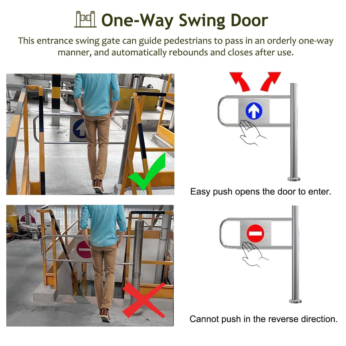 WhamtL Stainless Steel One Way Turnstile Gate, 20 24 35 39 43 in Width Entrance Swing Gate, Pedestrian Control Barrier for Warehouse Factory Entrance(Right,WXH 100x100cm(39x39in))