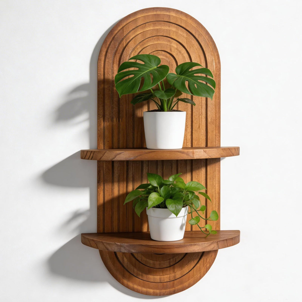 Vituney Boho Wall Shelf Decor Plant Wall Shelf Mid Century Modern Decor Hanging Plant Shelves, 2 Tier Wooden Art Floating Shelves for Home Bathroom Bedroom Living Room Planter