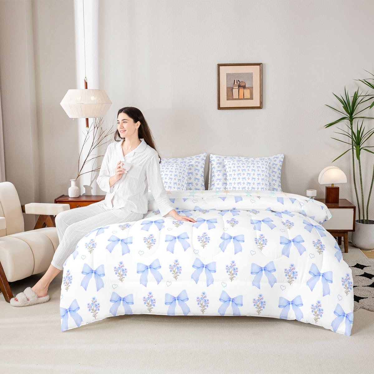 Erosebridal Bow 7 Piece Comforter Set King Bed in a Bag for Girls Kids,Girly Blue Floral Coquette Bedding Sets for Child Bow Knot Ribbon Heart Quilt Dreamy Princess Style Sheet Set with Comforter