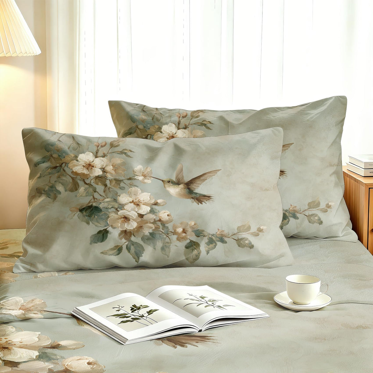 Bird and Flower Bedding Set 4 Pcs Hummingbird Queen Sheets