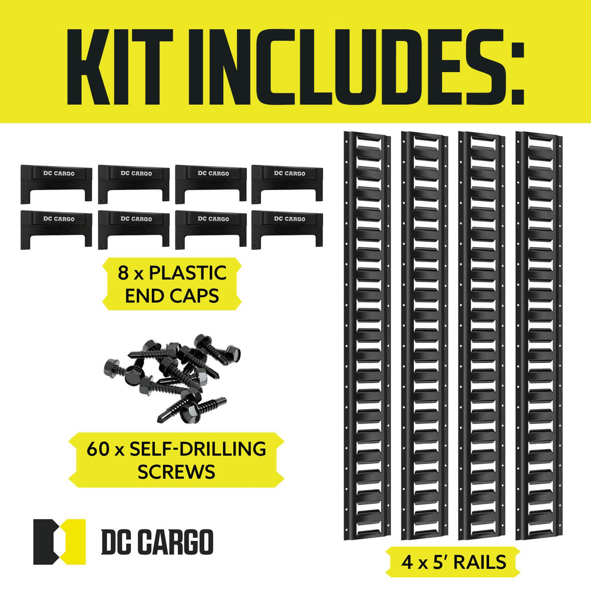 DC Cargo Mall 5' Long E Track Tie Down Rail (4 Pack) Powder Coated Steel Universal ETrack Tiedown System Kit - Easy Safe Secure Bolt on Socket System for Cargo on Pickups, Trucks, Trailer Tie, Vans