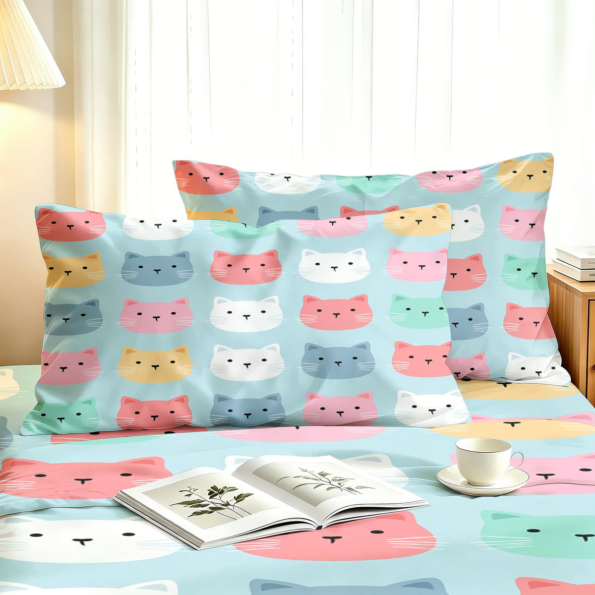 Cute Cat Sheet Set, 4 Pcs Queen Size Girls Kitten Bed Sheets