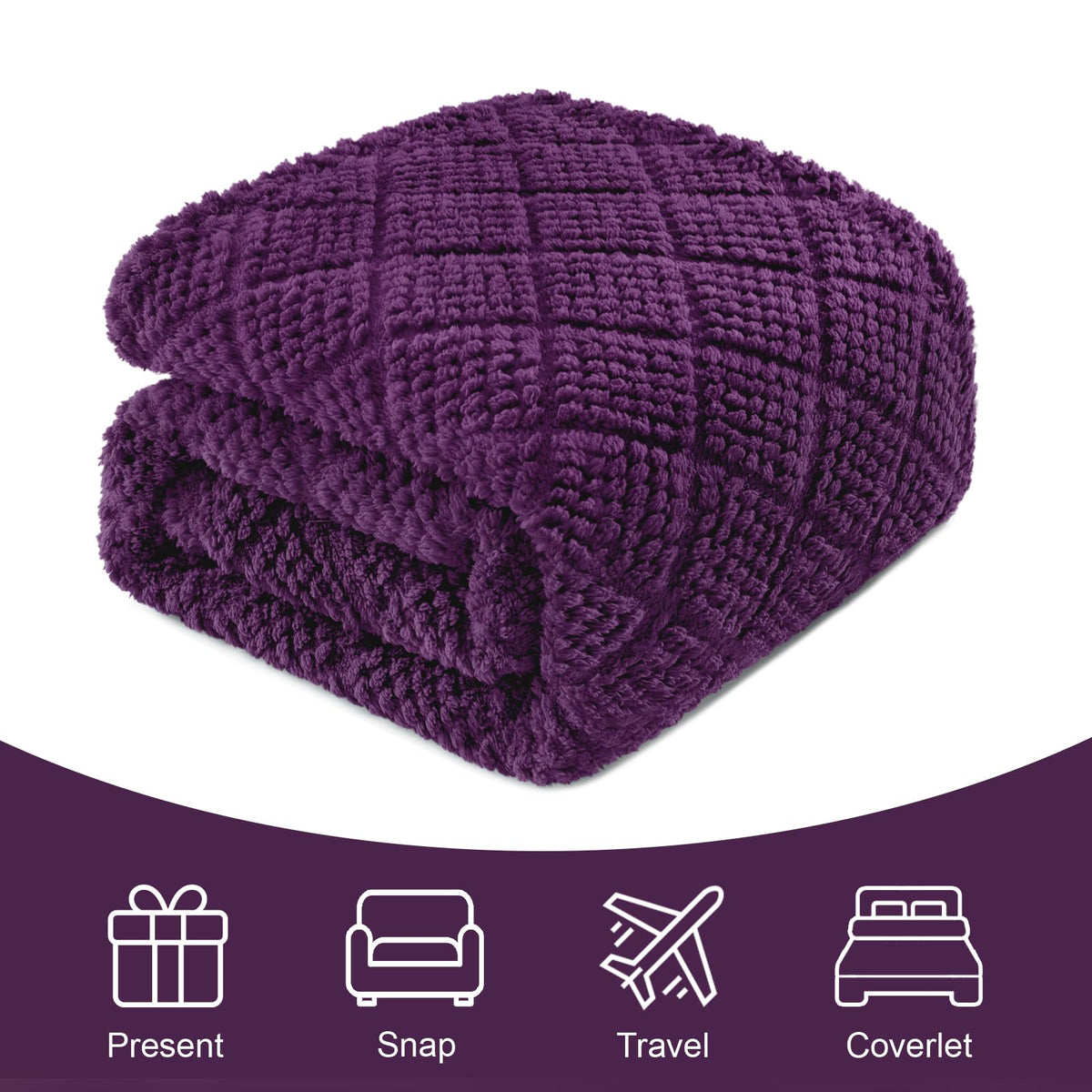 Whale Flotilla Fuzzy Fleece King Size Blanket for Bed, Soft Fluffy Jacquard Waffle Blankets for All Season, Lightweight and Cozy, 90x104 Inch, Purple