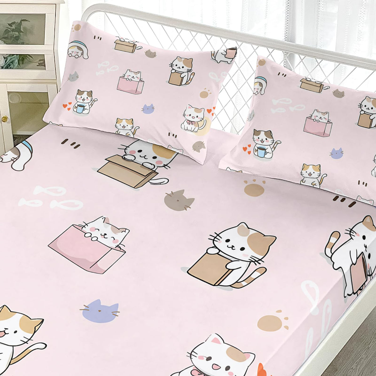 AILONEN Sticker Cat Twin Fitted Sheet Set, 3 Piece Microfiber Bedding Pack with 2 Pillowcases, 16 Inch Deep Pocket, Cute Animal Room Style