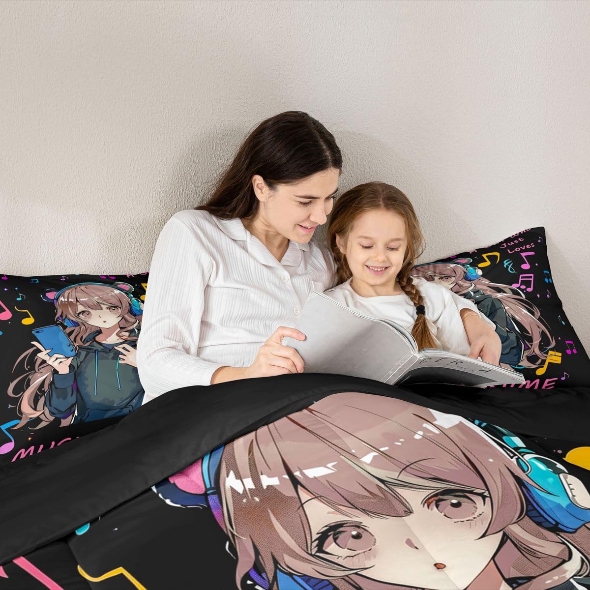 Erosebridal Pink Anime Girl Full Bedding Set,Music Note Comforter Set Anime Gifts for Kids Teen Girls,Musical Themed Quilt Bed Set Japanese Anime Bedding Comforter Sets,2 Pillowcases Room Decor