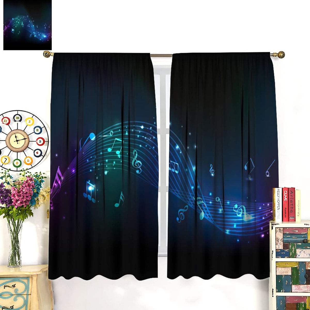 Music Blackout Curtains,Colorful Shiny Music Note Room Darkening Door Window Rod Pocket Curtain for Living Room Bedroom W42xL45in