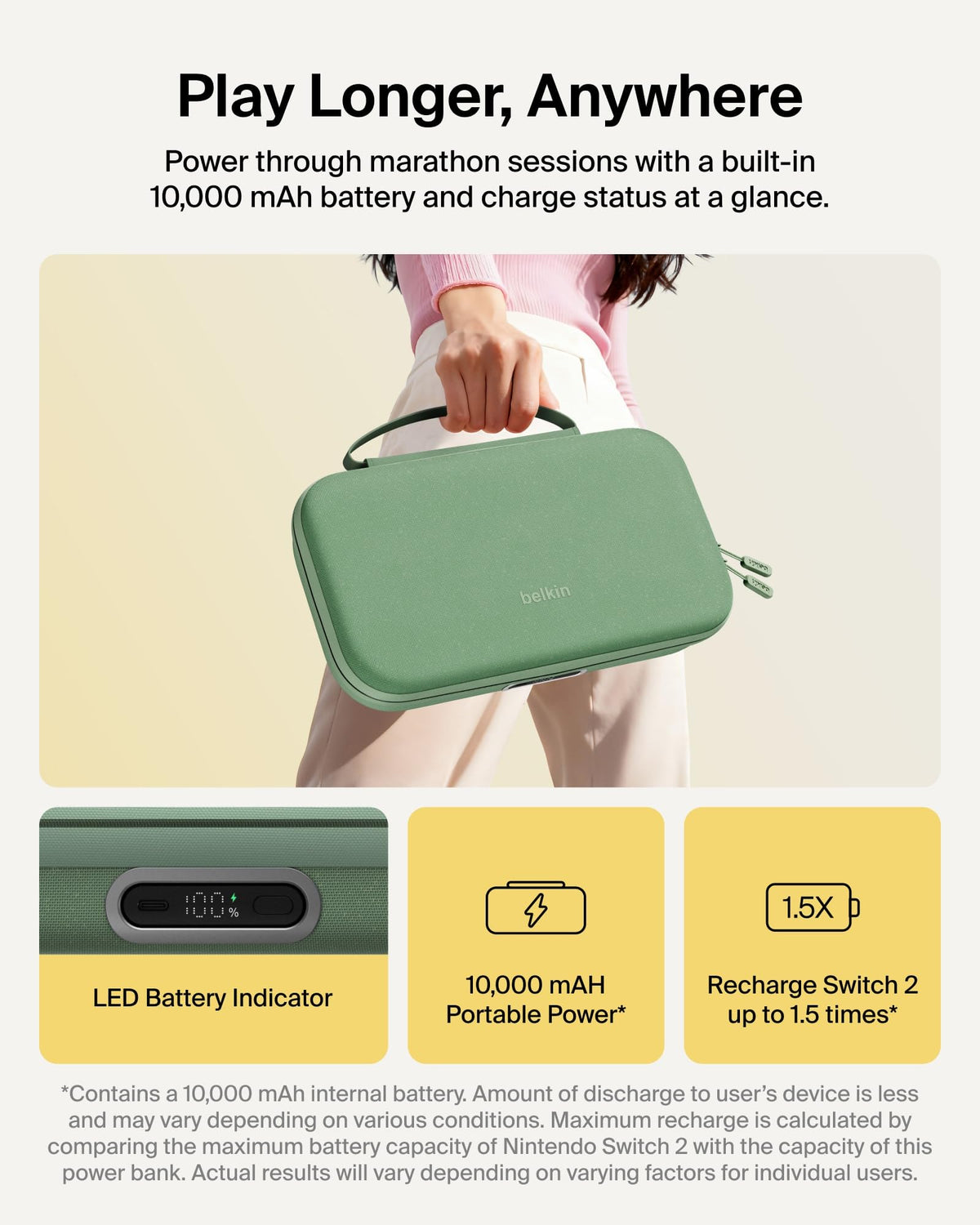 Belkin Nintendo Switch 2 Charging Case Pro, 10000mAh Power Bank, 30W Fast Charging w/Kick Stand - Custom Fit, Hard Shell Carrying Case, 12 Game Card Slots, AirTag Holder, Digital Display - Sage
