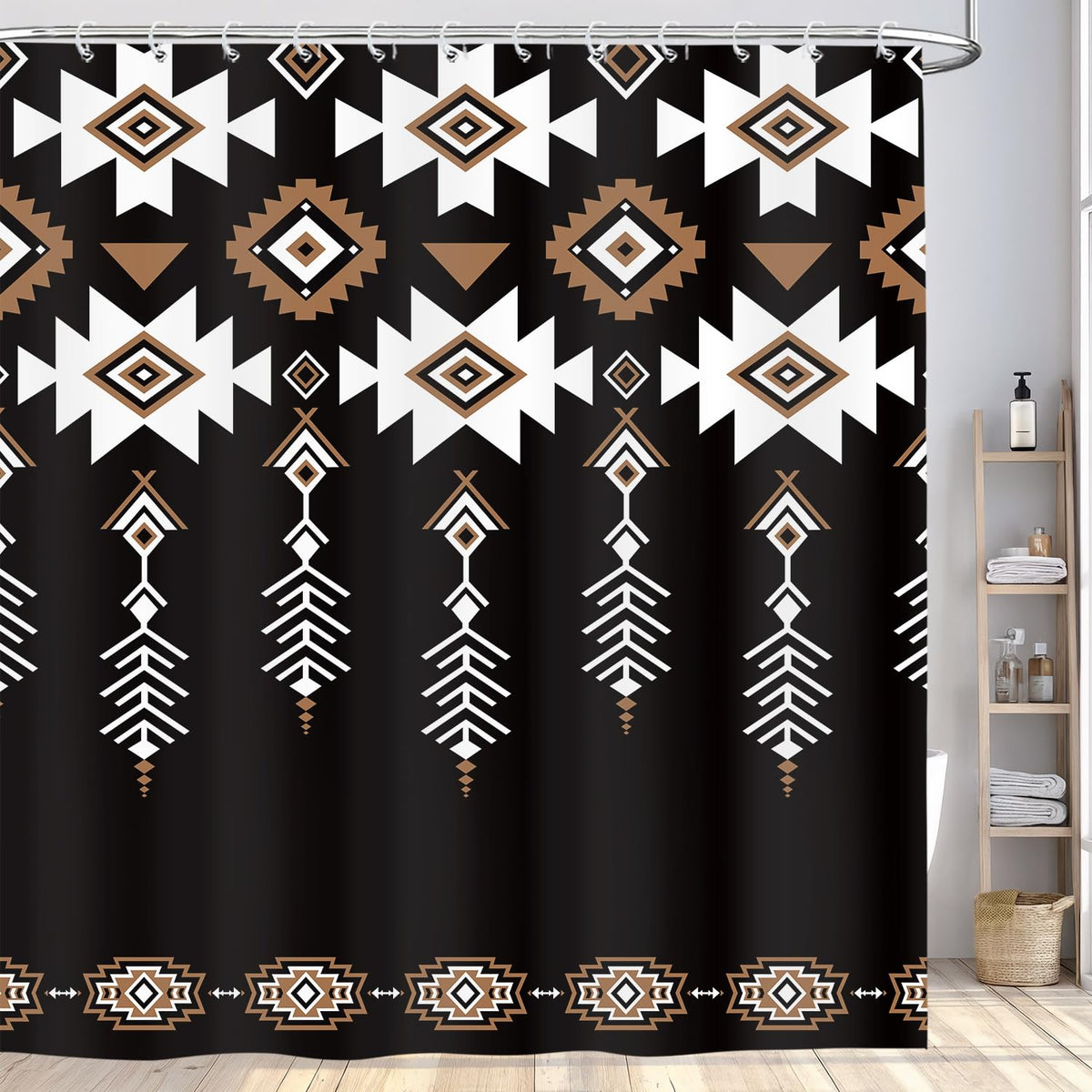 Aeivice Black Western Aztec Shower Curtain, Vintage Abstract Geometric Cowboy Shower Curtains Set, Boho Southwestern Tribal Native Neutral Fabric Shower Curtains for Bathroom with Hooks 72X72IN Brown