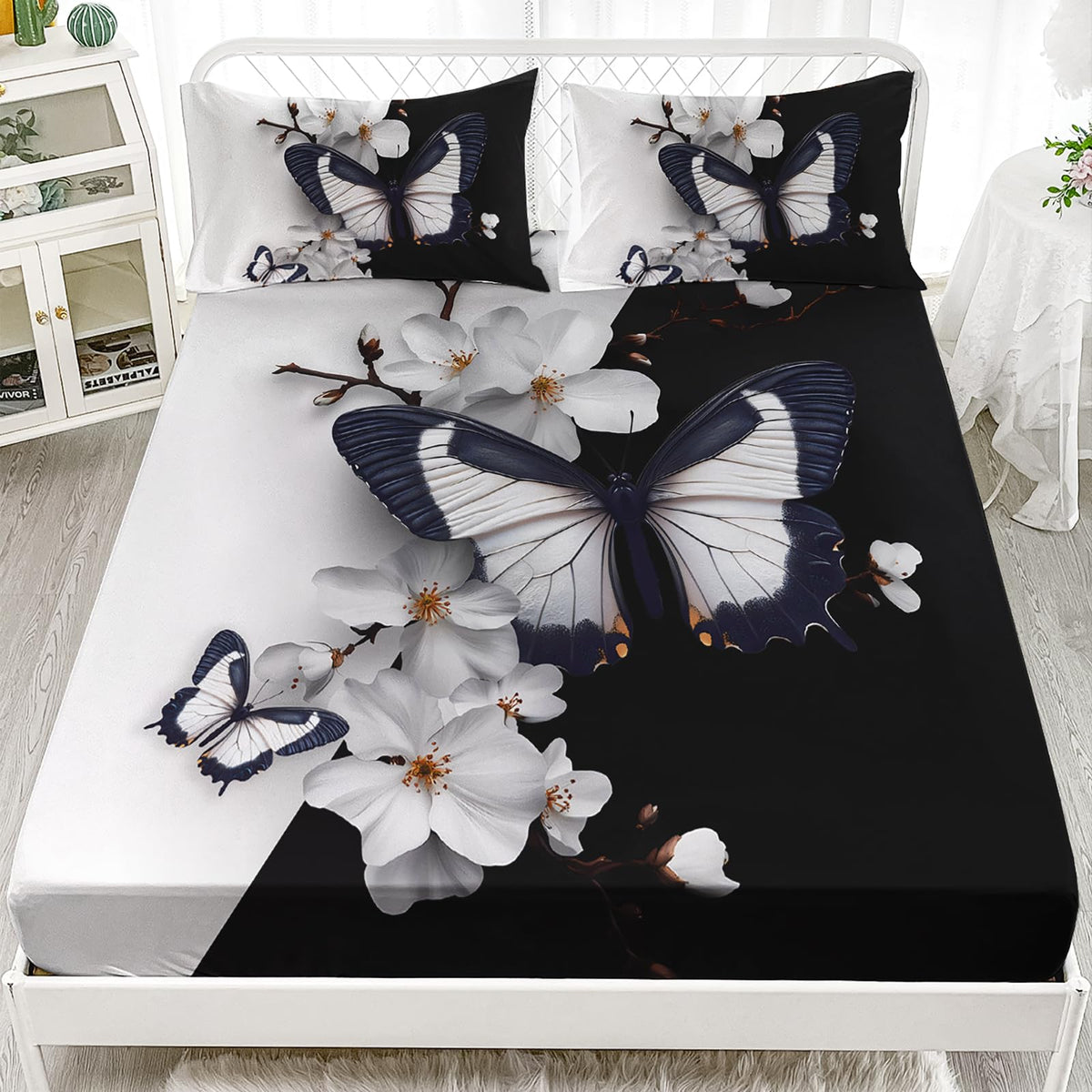AILONEN 3D Butterfly Fitted Sheet Set Queen Size,Black and White Bed Sheet Set for Girls Women,Beautiful Flower Butterfly Printed Fitted Sheet with 2 Pillowcases,3Pcs