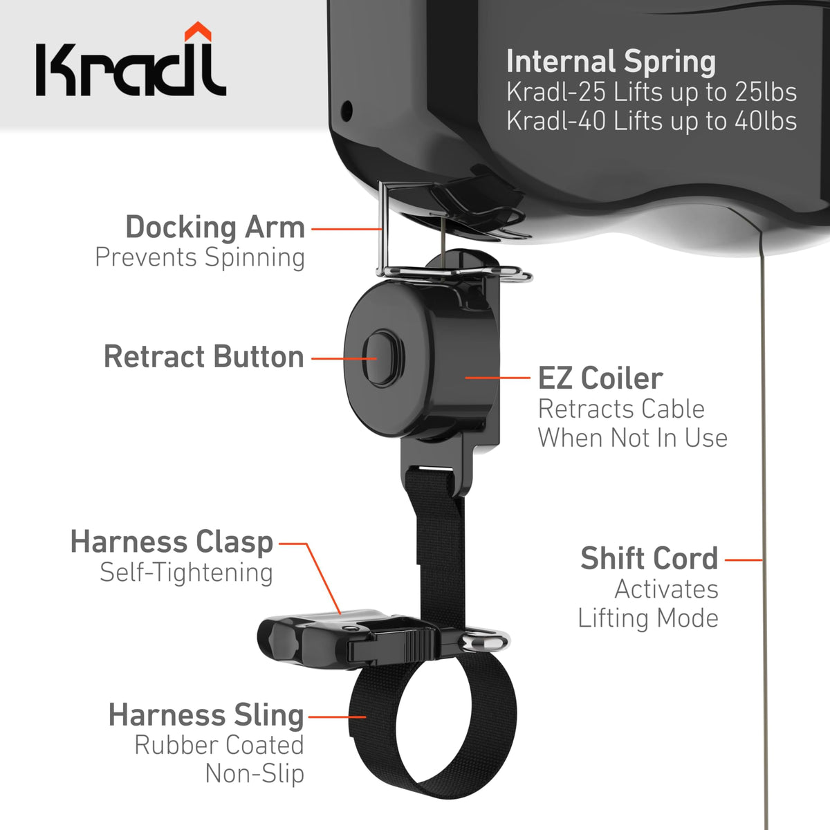 Kradl - Ceiling Mount Bike Lift and Rack. Bicycle Storage Hoist Without Electricity, Clumsy Ropes or Pulleys. 25 Pound Capacity.