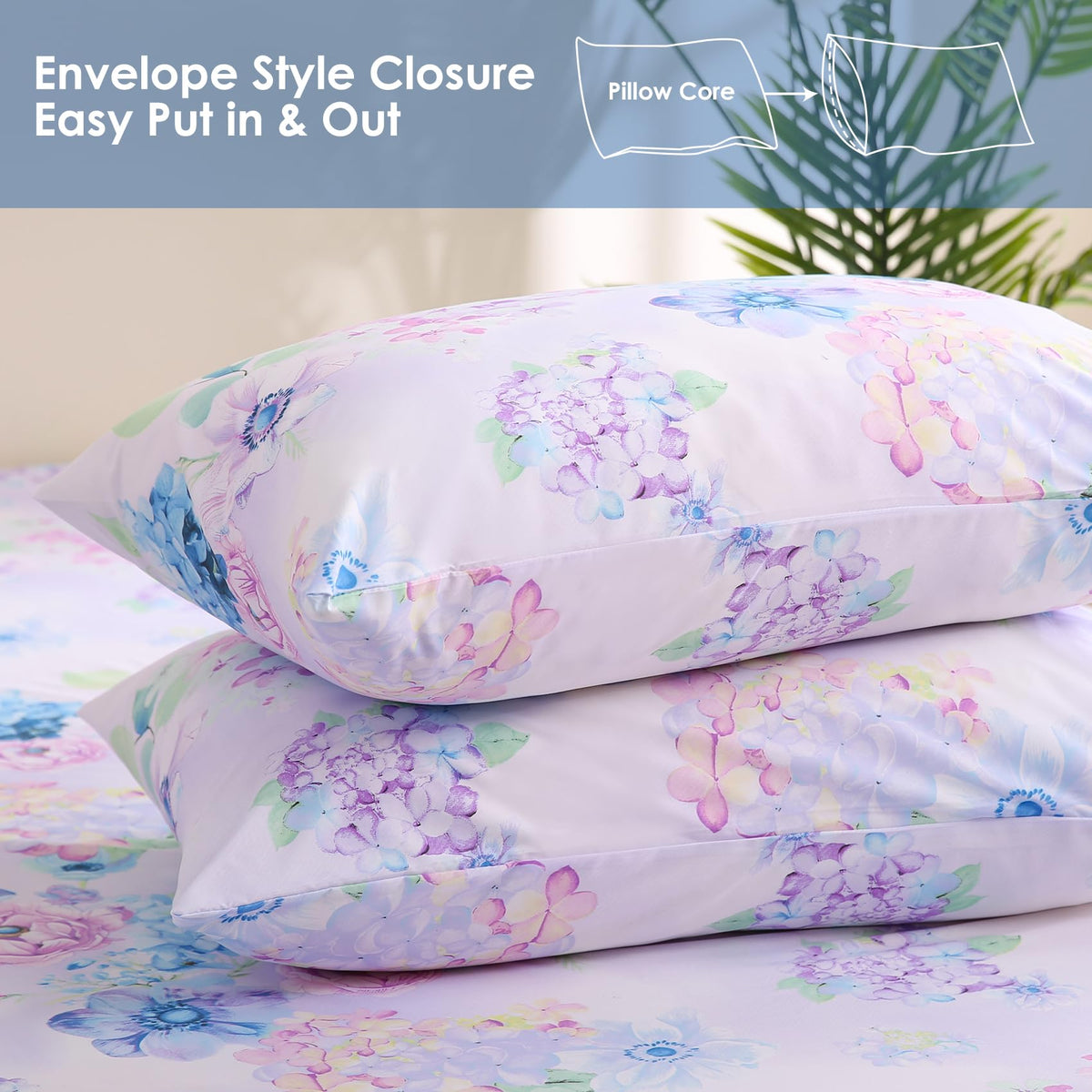 JSD Purple Hydrangea Floral Sheet Set King Size, 4 Piece Soft Spring Printed Microfiber Bed Sheets Deep Pocket