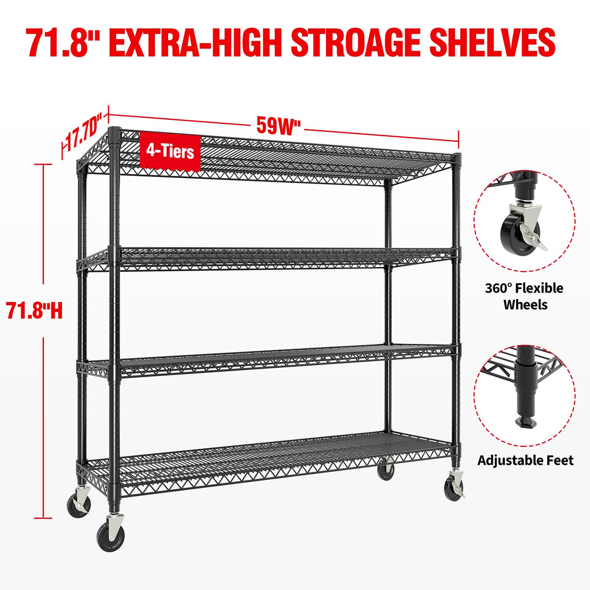 Garvee Metal Shelving 4-Tiers with Wheels, 2640LBS Heavy Duty Storage Shelves for Garage Kitchen, Rolling Shelving Units Wire Rack with Feet, 59" Wx71.8 Hx17.7 D,Adjustable & Easy Assemble, Black