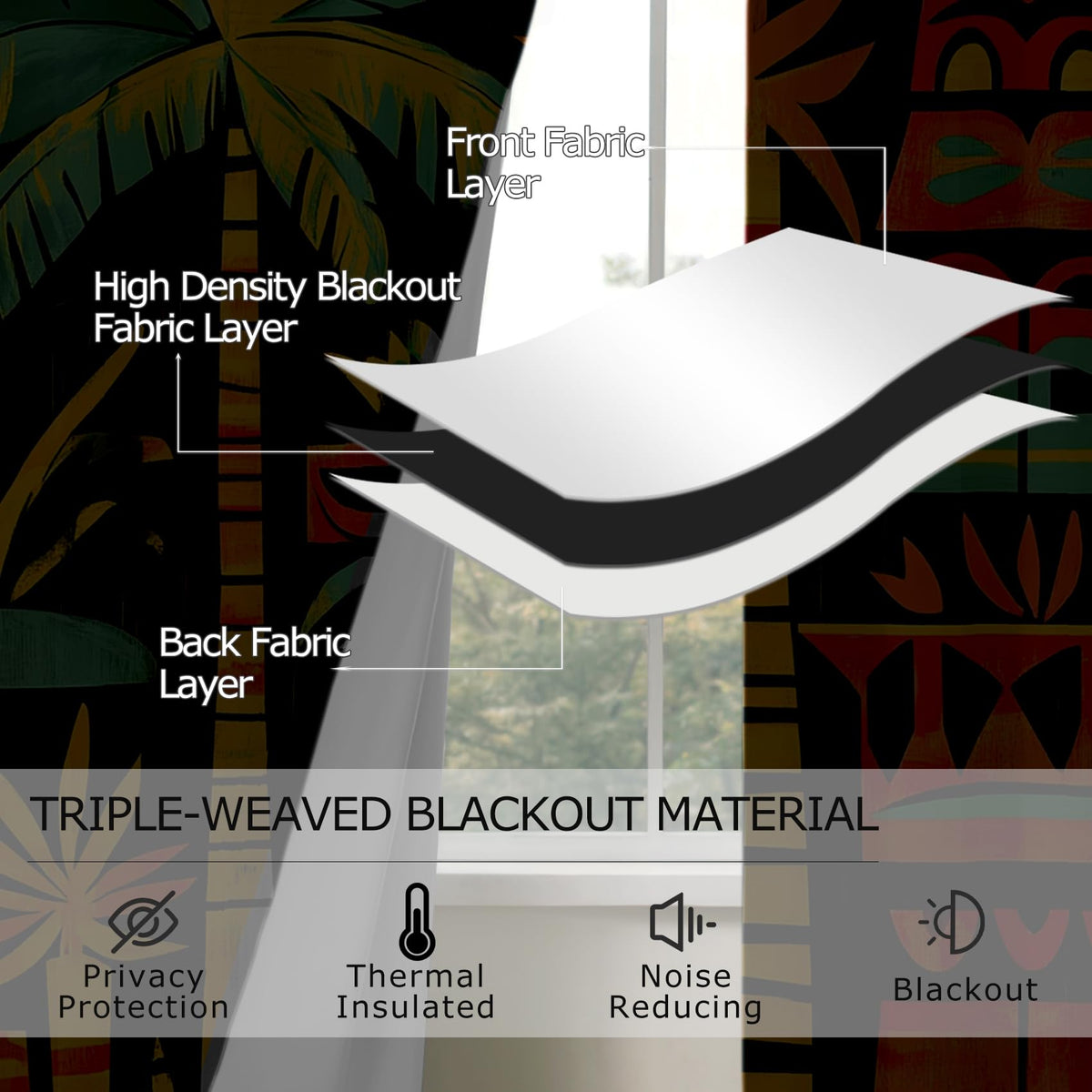 Solvivae Tropical Blackout Curtains for Bedroom Living Room, Palm Tree Tiki Mask Hawaiian Patterned Window Treatments, Room Darkening Thermal Insulated Grommet Drapes, 54 Inch Curtains 2 Panel Set