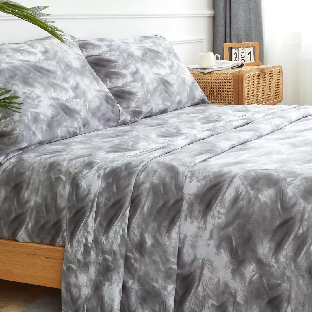 Queen Size Sheets Set 4PC - Soft Cooling 1800 Thread Count Micro Printed Sheet, 8 - 17 Inch Deep Pocket Breathes Better, Hypoallergenic, Wrinkle, Machine Washable Grey Marble Patterned Double Bedding