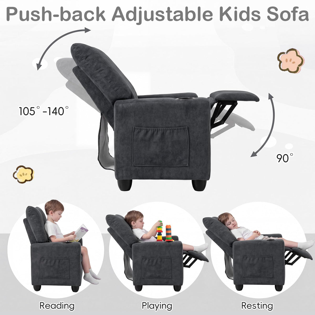 Costzon Kids Recliner Chair with Cup Holder, Toddler Adjustable Lounge Chair w/Footrest for Boys Girls Room, Ergonomic Baby Child Furniture Sofa for Age 3+ Gifts, Kids Mini Recliner up to 150 lbs