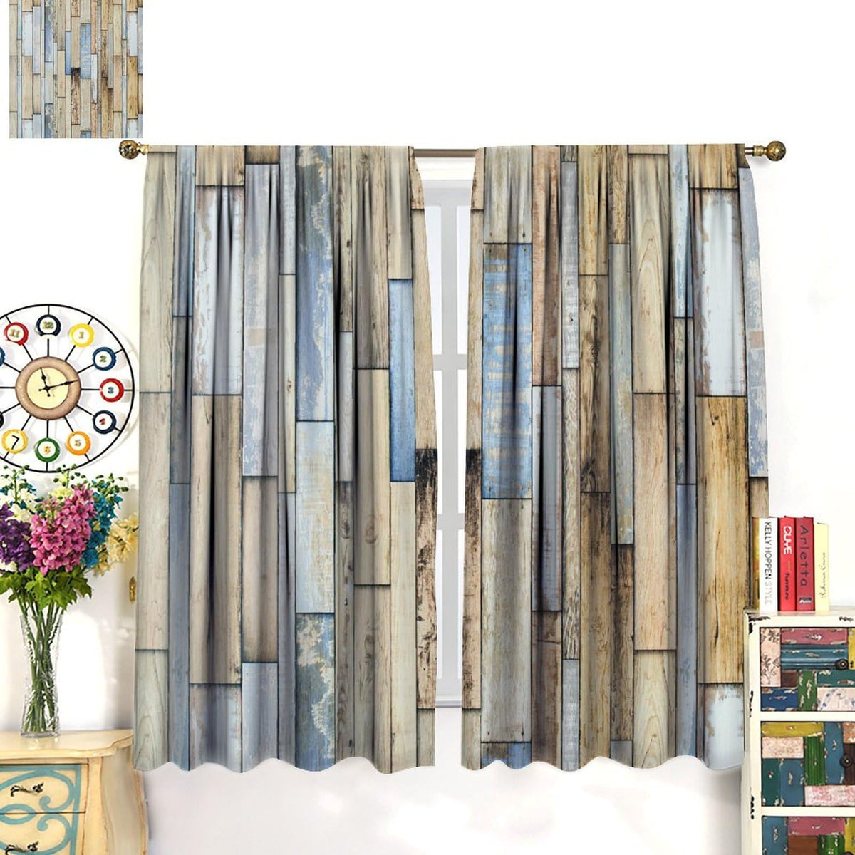Nanacur Wooden Curtains, Vintage Wood Barn Door Farmhouse Country Rod Pocket Window Treatment for Bedroom Living Room Kitchen Cafe Drapes 41" W X 45" L (No Blackout)