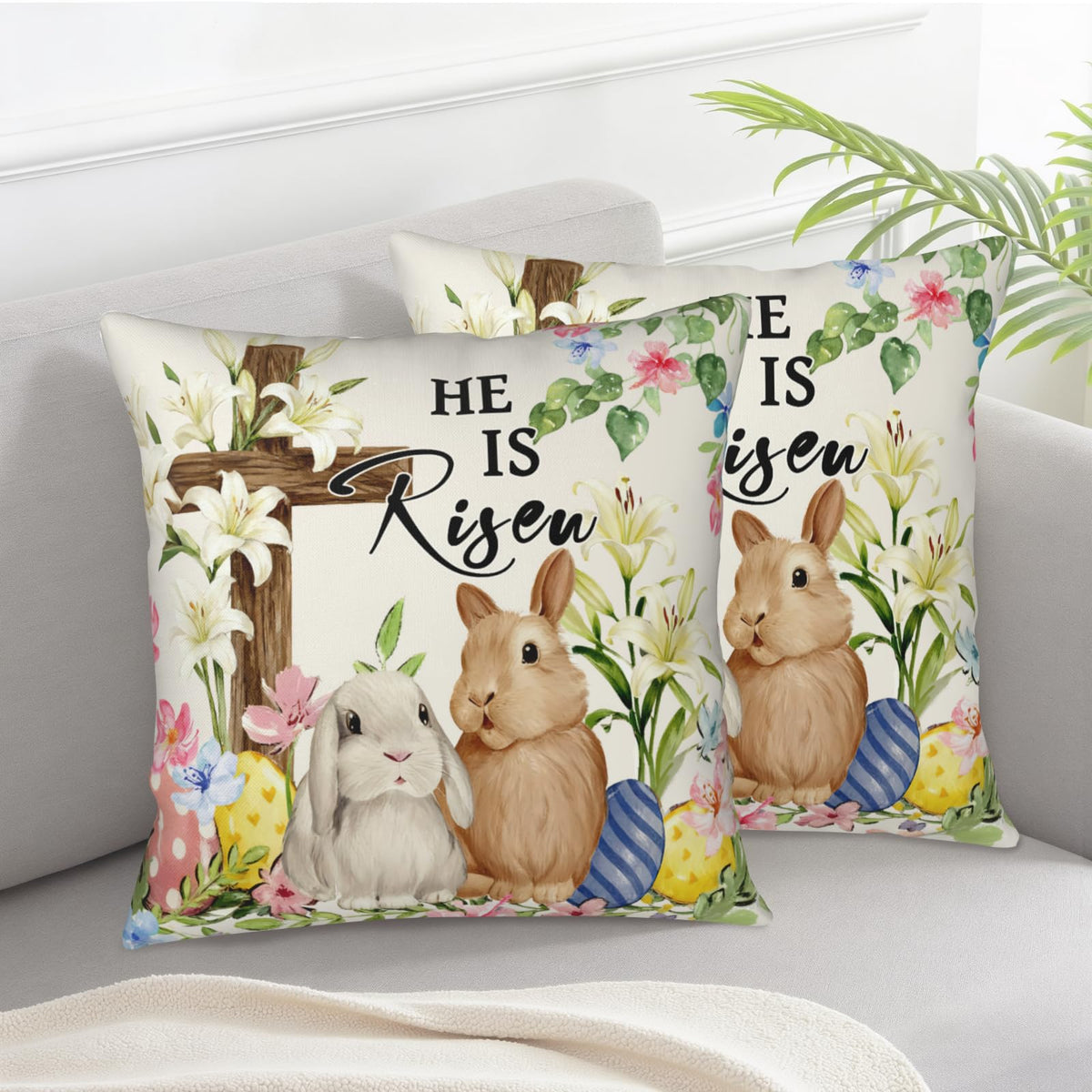 ABSOP Easter Bunny Pillow Covers 18x18 Inch Rabbit Pattern Decorative Throw Pillow Covers Set of 2 Spring Holiday Pillowcases for Couch Bedroom Home Decor