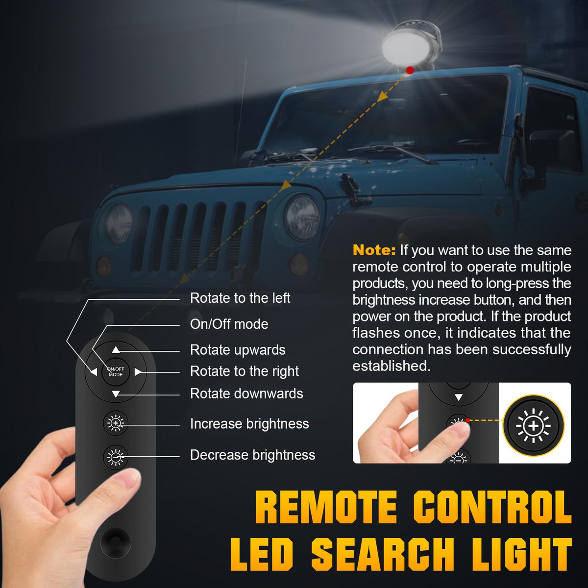 AUXTINGS 360 Degree LED Spotlight Search Light LED Rotating Remote Control Work Light with Magnetic Base for SUV Boat Home Security Protection Emergency Lighting Farm Field Garden