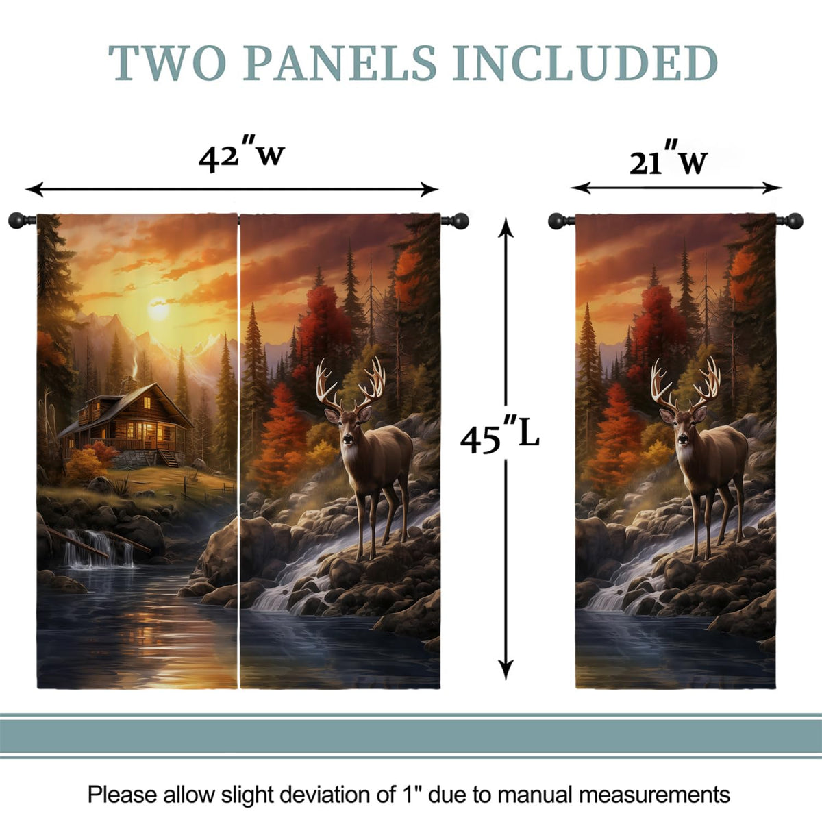 Rustic Cabin Deer Boy Girls Blackout Curtains, Western Sunset Farm Country Farmhouse Elk Lodge 2 Panel Rod Pocket Thermal Insulated Drapes, for Kids Room Bedroom Living Room Home Decor 42x45 inch