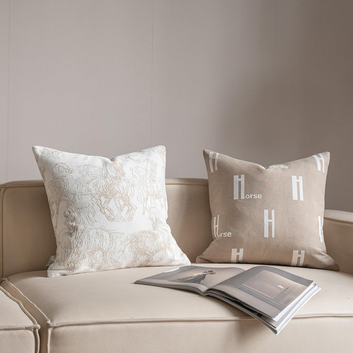 Croker Horse 20x20'' Inches Throw Pillow Cushion Cover - Beige H Letter Embroidery Modern Fashion Style Couch Sofa Pillow Cover for Living Room Bedroom