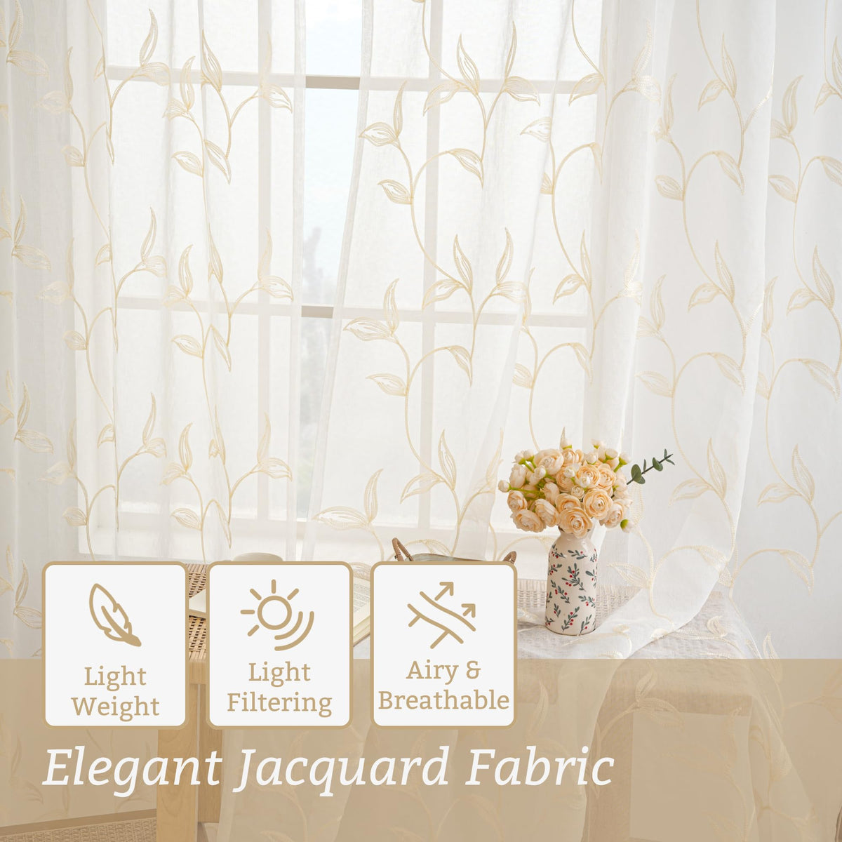 VISIONTEX 2 Panels Sheer Curtains 84 Inches Long, Cream Beige Floral Leaf Embroidered Semi Sheer Voile Curtains, Rod Pocket Light Filtering Window Drapes for Bedroom Living Room 54W x 84L