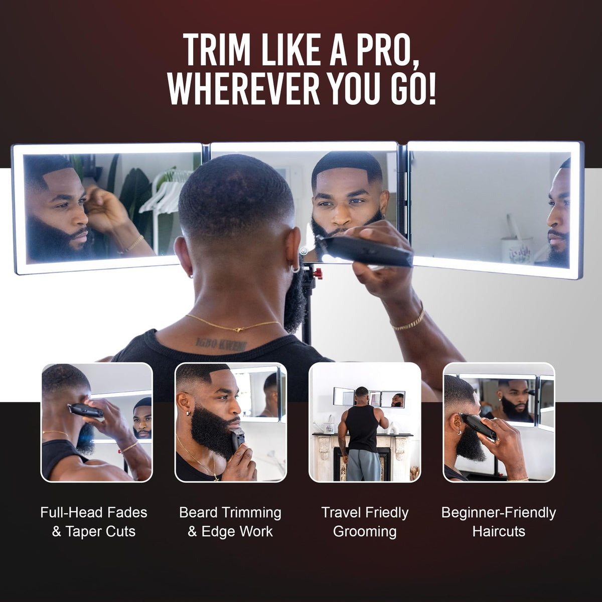 Self-Cut System Angel Lights Tripod - 3 Way Mirror for Self Hair Cutting - Includes Attachable Clipper & Trimmer Tray - Trifold Barber Mirror - Adjustable Height & Brightness - Travel-Friendly