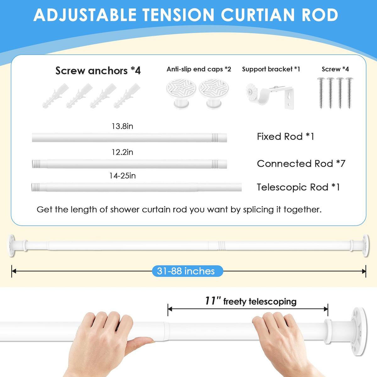 Outdoor Tension Rods for Patio White Extra Tension Curtain Rod 31-132 in(11ft) Long Curtain Rods Adjustable Heavy Duty Tension Rod for Bathroom Window No Drilling Never Rust Non Slip
