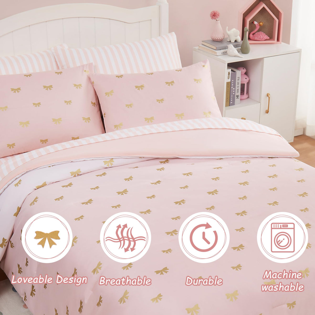 Wink Deer Twin Comforter Set with Sheets for Girls-5 Pieces Twin Bedding Sets with Pink White Gradient Ombre Comforter, Sheets, Pillowcase & Sham for Kids (Gold Bow, 66" X 86")