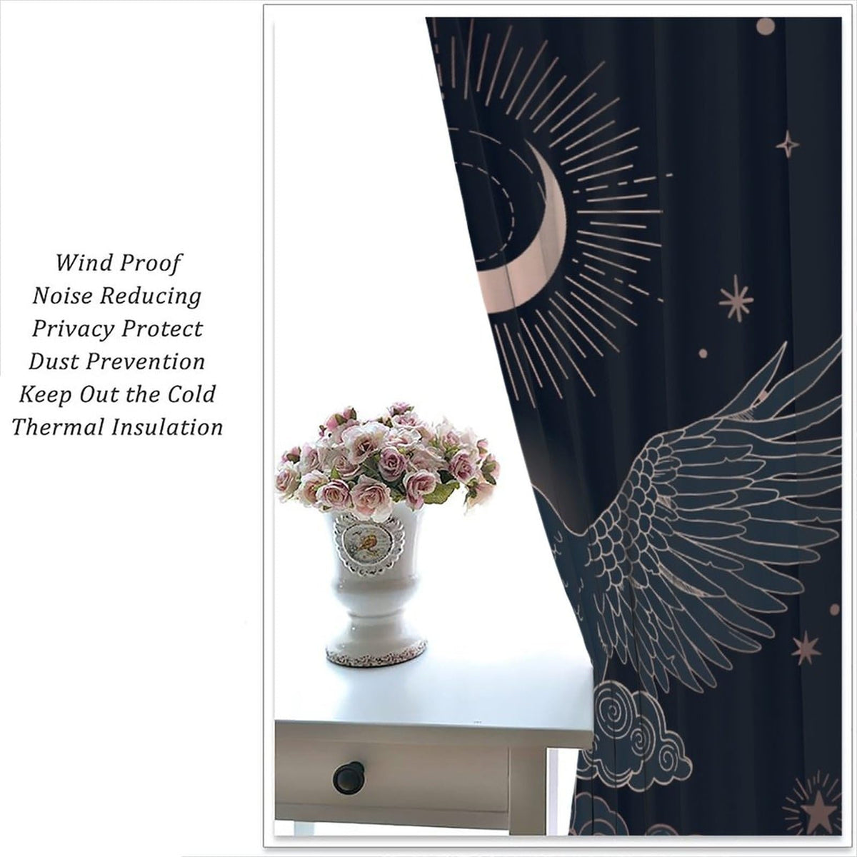 DDCBNS Boho Crow Curtains,Bohemian Style Black Birds Raven Moon Star Print Window Treatments for Bedroom Living Room Kitchen Window Drapes 2 Panel Set,Total Size 42 x 45 Inch