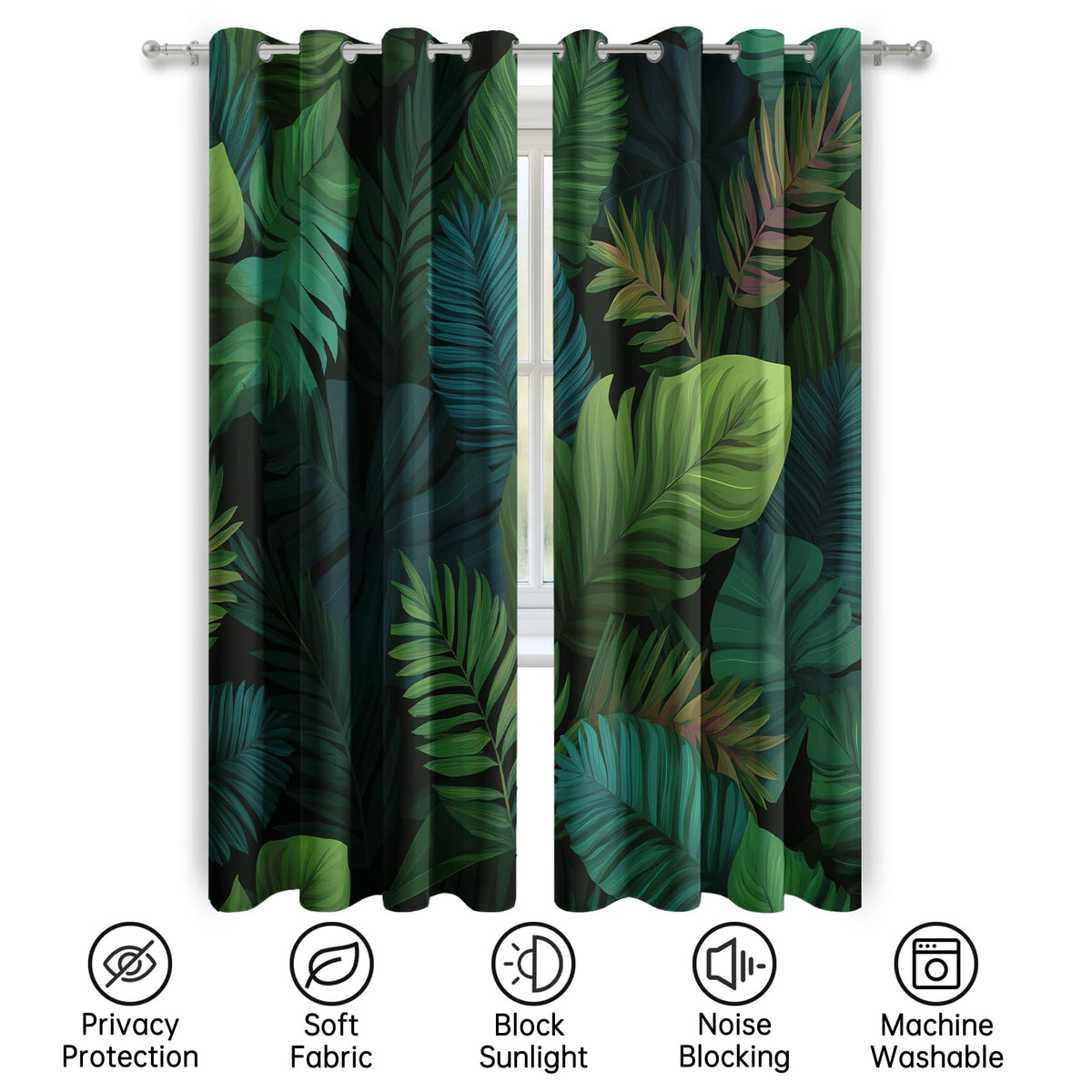 Mistwalk Green Monstera Leaf Curtains Blackout, 54 Inch Curtains for Bedroom & Living Room, Room Darkening Thermal Insulated Grommet Drapes, Tropical Rainforest Patterned Window Treatments